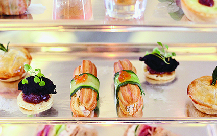 Festive afternoon tea at Colonnades - hot smoked salmon éclairs and mini game pies 