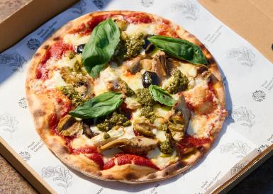 Artichoke Olive and Pesto Pizza