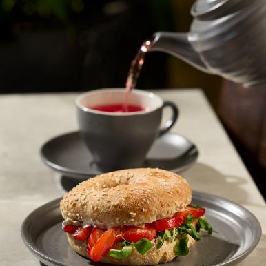 Smoked Trout Bagel and Berry Hibiscus Tea