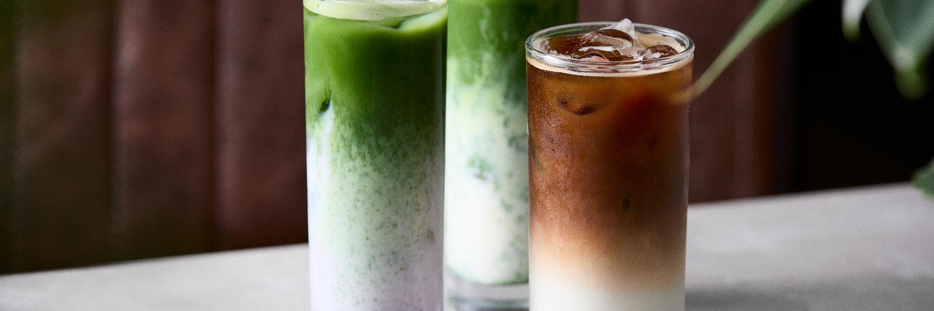 Iced Latte, Iced Matcha, and Iced Rhubarb Blueberry Matcha