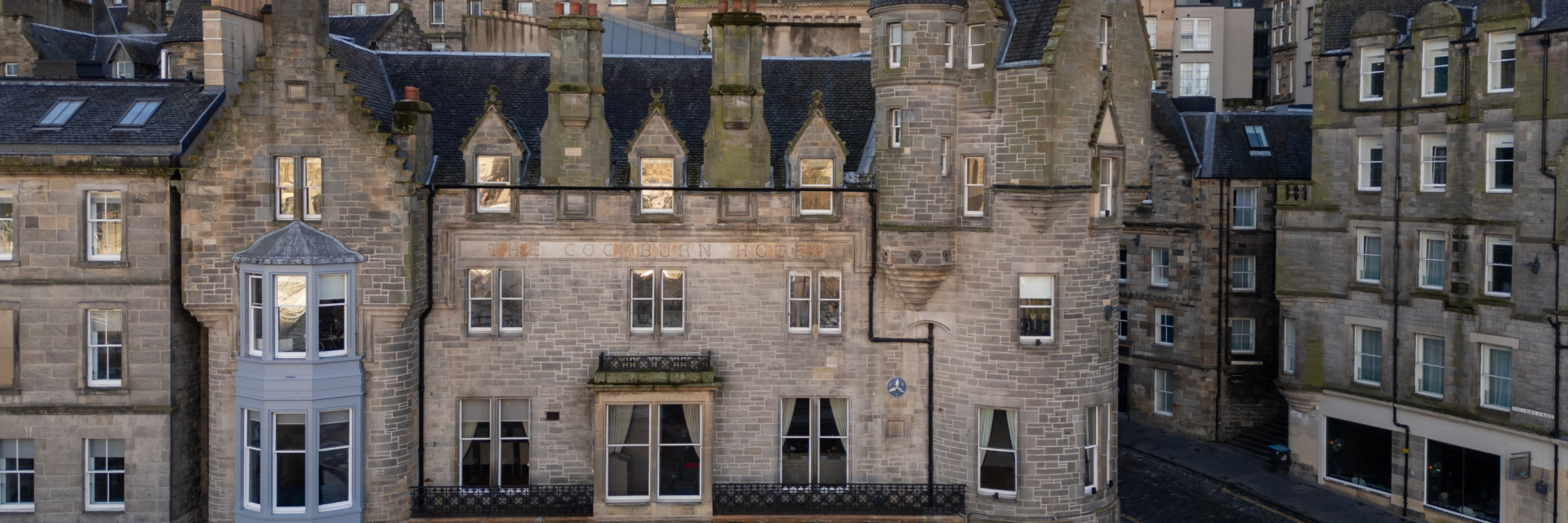Drone shot of the exterior of The Cockburn